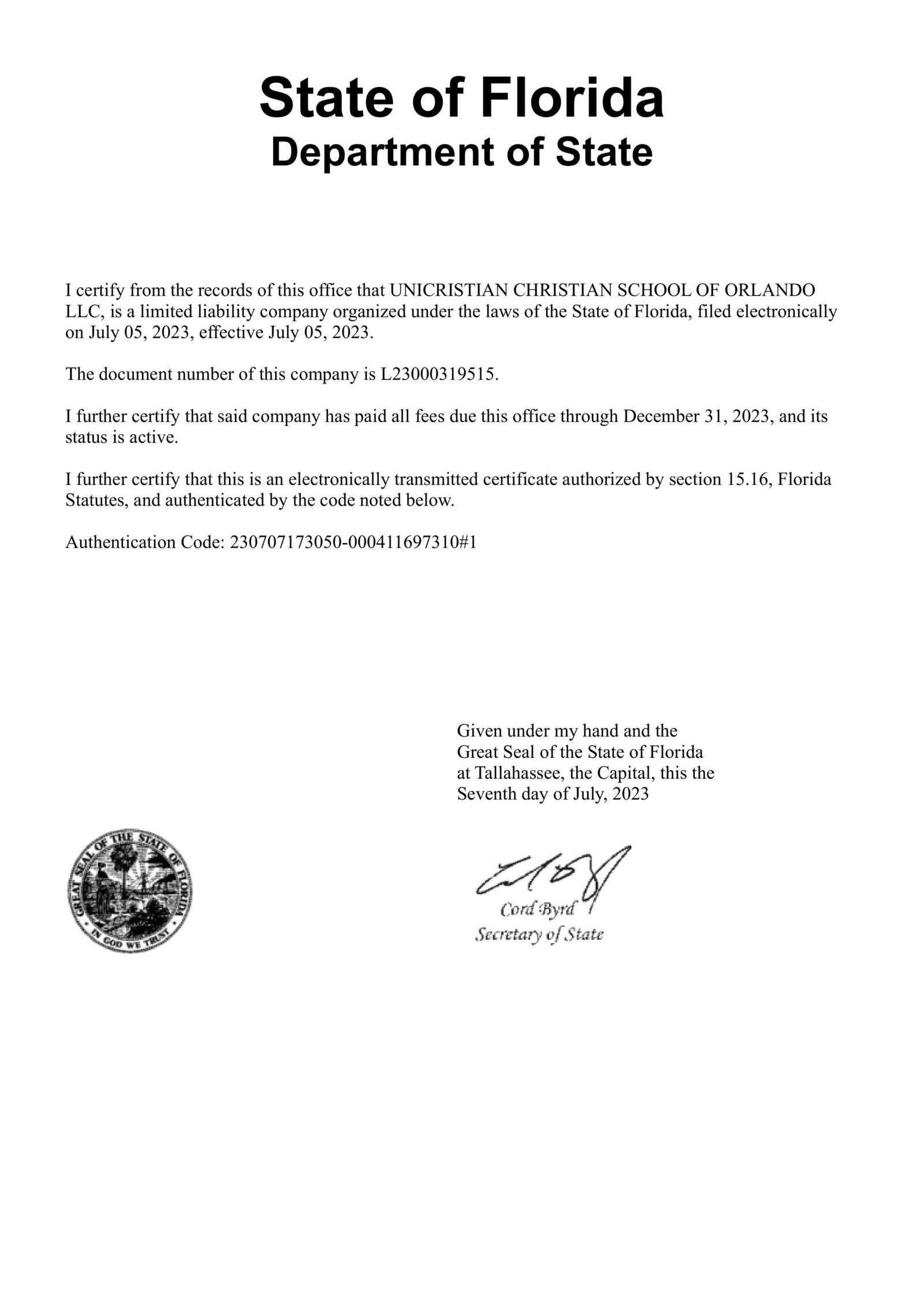 Florida Department of State Certificate