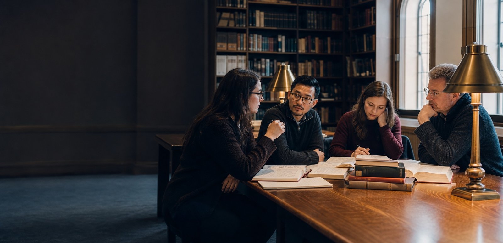 Adult graduate students engaged in academic study in a university library